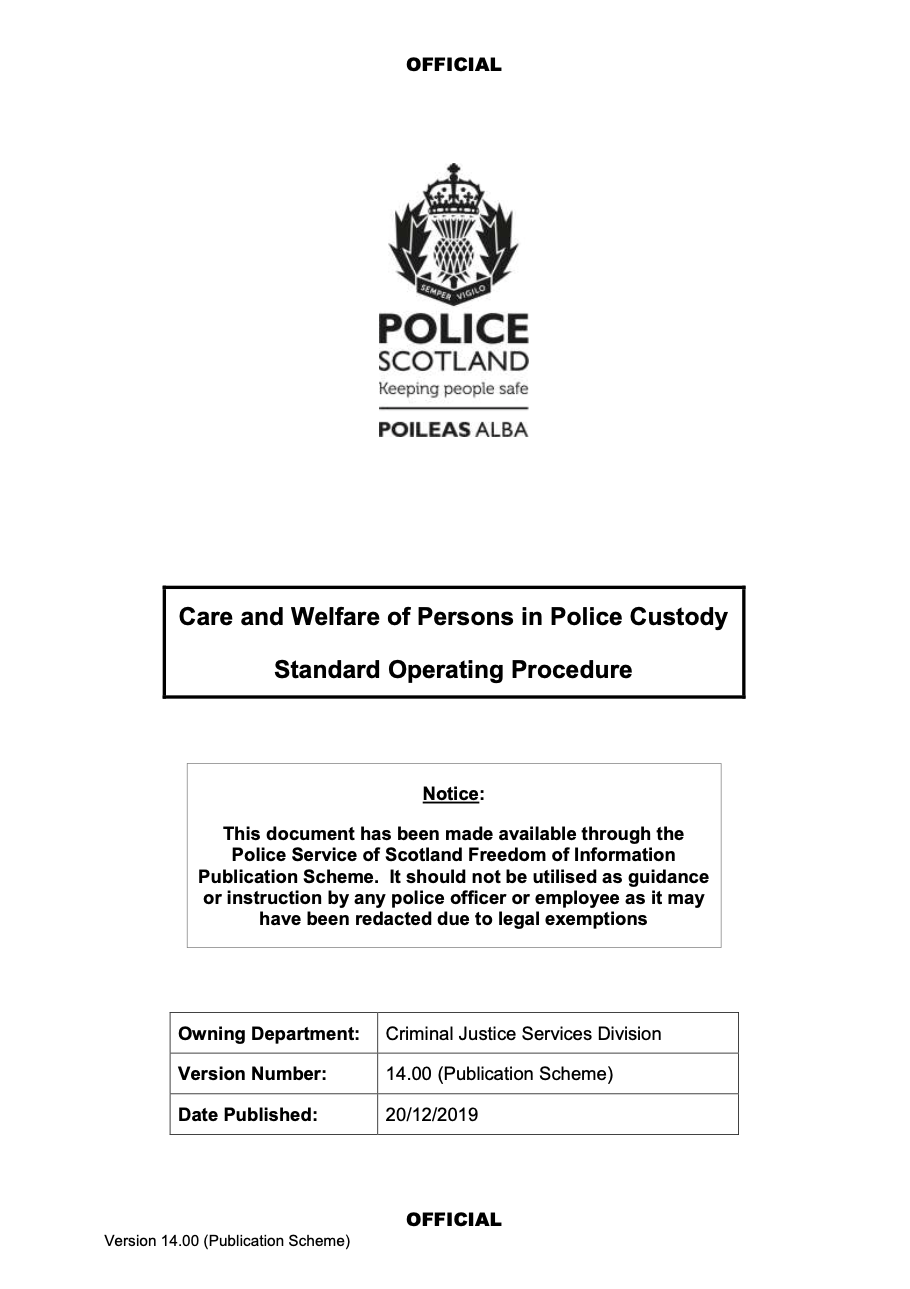 Care and welfare of people in police custody SOPs