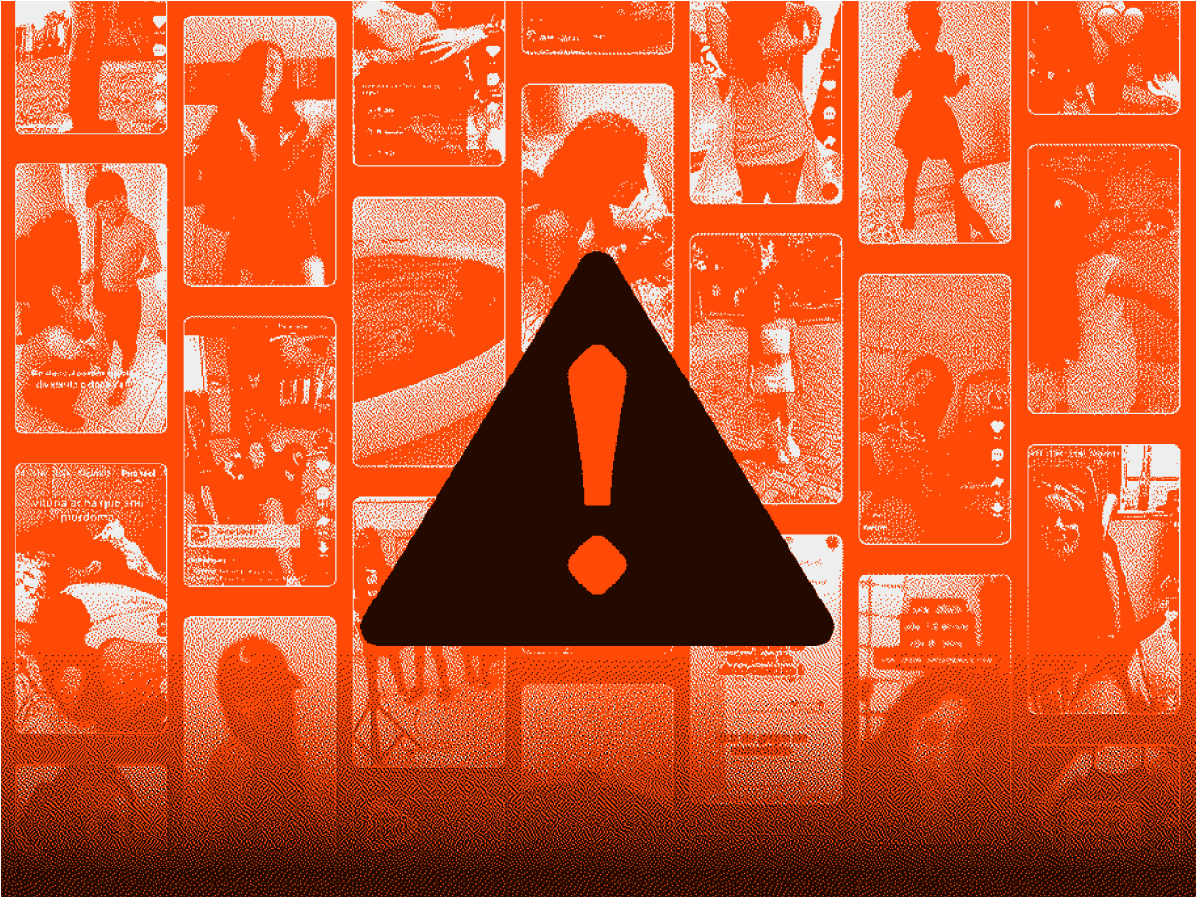 Arte ilustrativa da matéria: prints censurados de vídeos encontrados no Kwai estão espalhados contra um fundo laranja brilhante. No centro, um ícone de alerta bem grande.