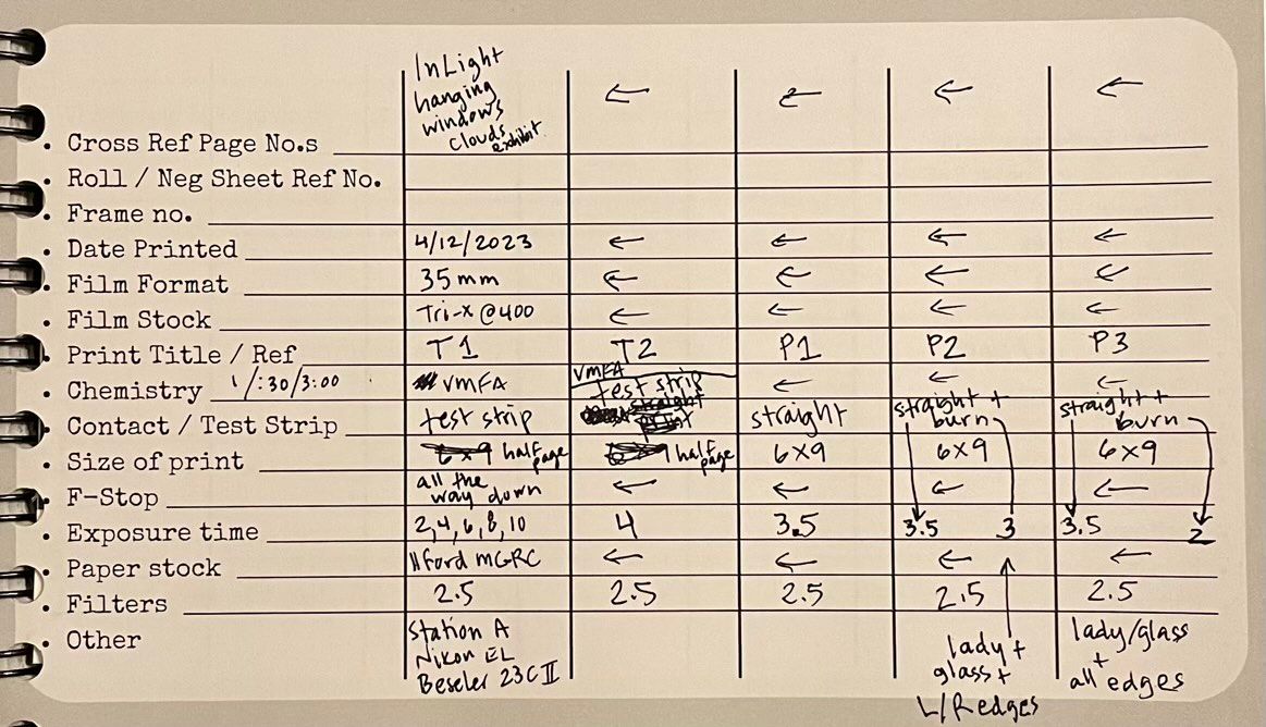 Top half of a table of photo printing details filled out in pen