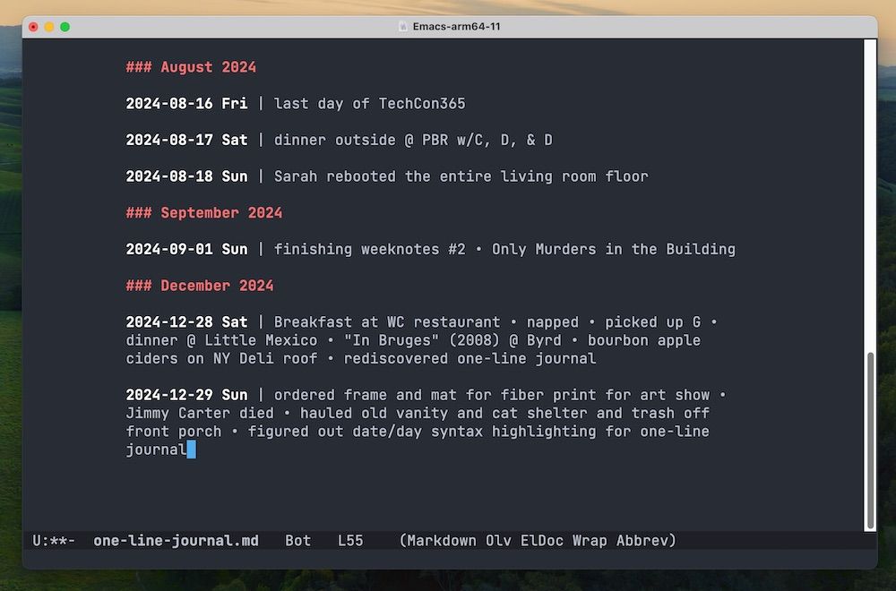 one page of Markdown-formatted one-line journal entries in Emacs