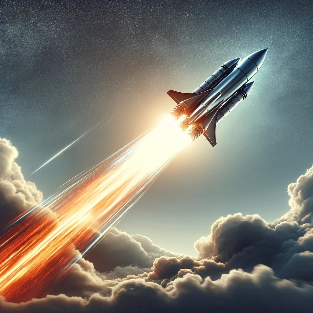 image of a rocket taking off, symbolizing speed and progress in the context of fast and frequent software deployments