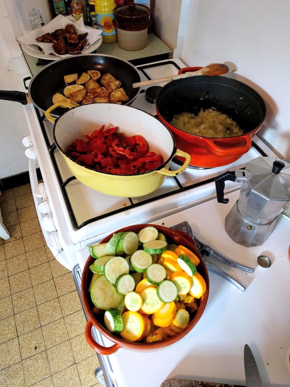 To make ratatouille, a lot of olive oil, ventilation, and many pans are essential.