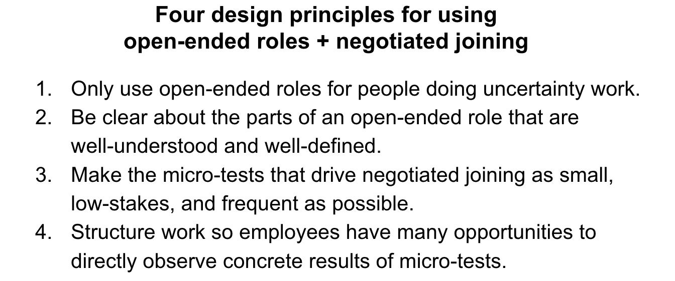 Design principles for implementing open-ended roles and negotiated joining in organisations.