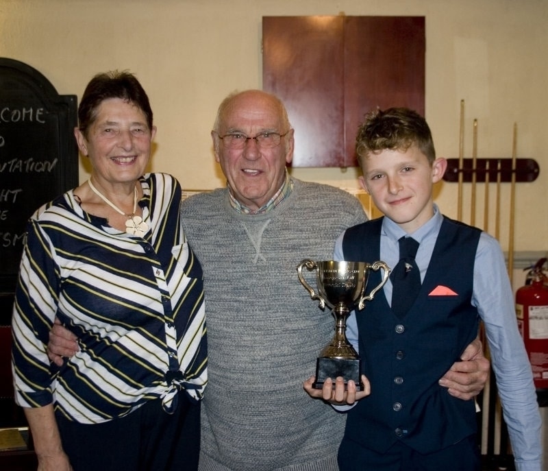 Jim Nicholson with Mrs Hazel Gaskill & grandson Isaac - Jim winner of the George Gaskill Memorial Trophy for Ancenis race