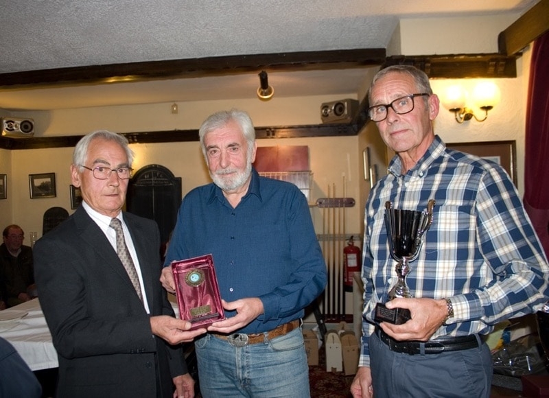 Peter Winter presenting Jim Sexton & Dave McSween of Sunderland with Best Performance of 2018 R_U trophy