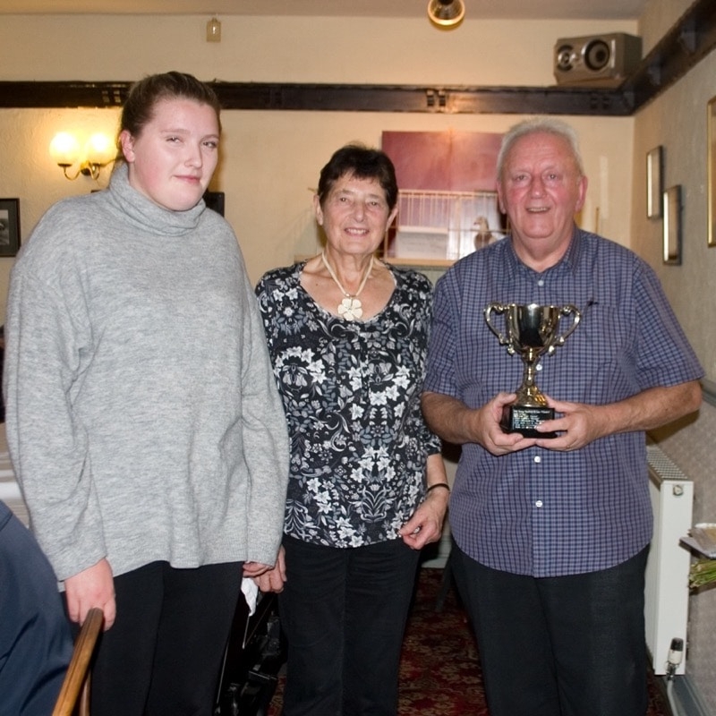 Mrs Hazel Gaskill & granddaughter presenting Jeff Walton & Son of Coxhoe with the George Gaskill Memorial trophy for winning the Ancenis race