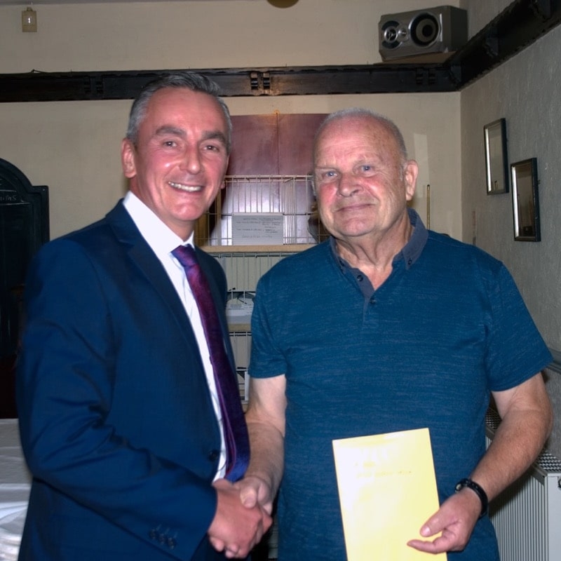Alf Fellows of Ferryhill receiving his prizes from Barry Winter