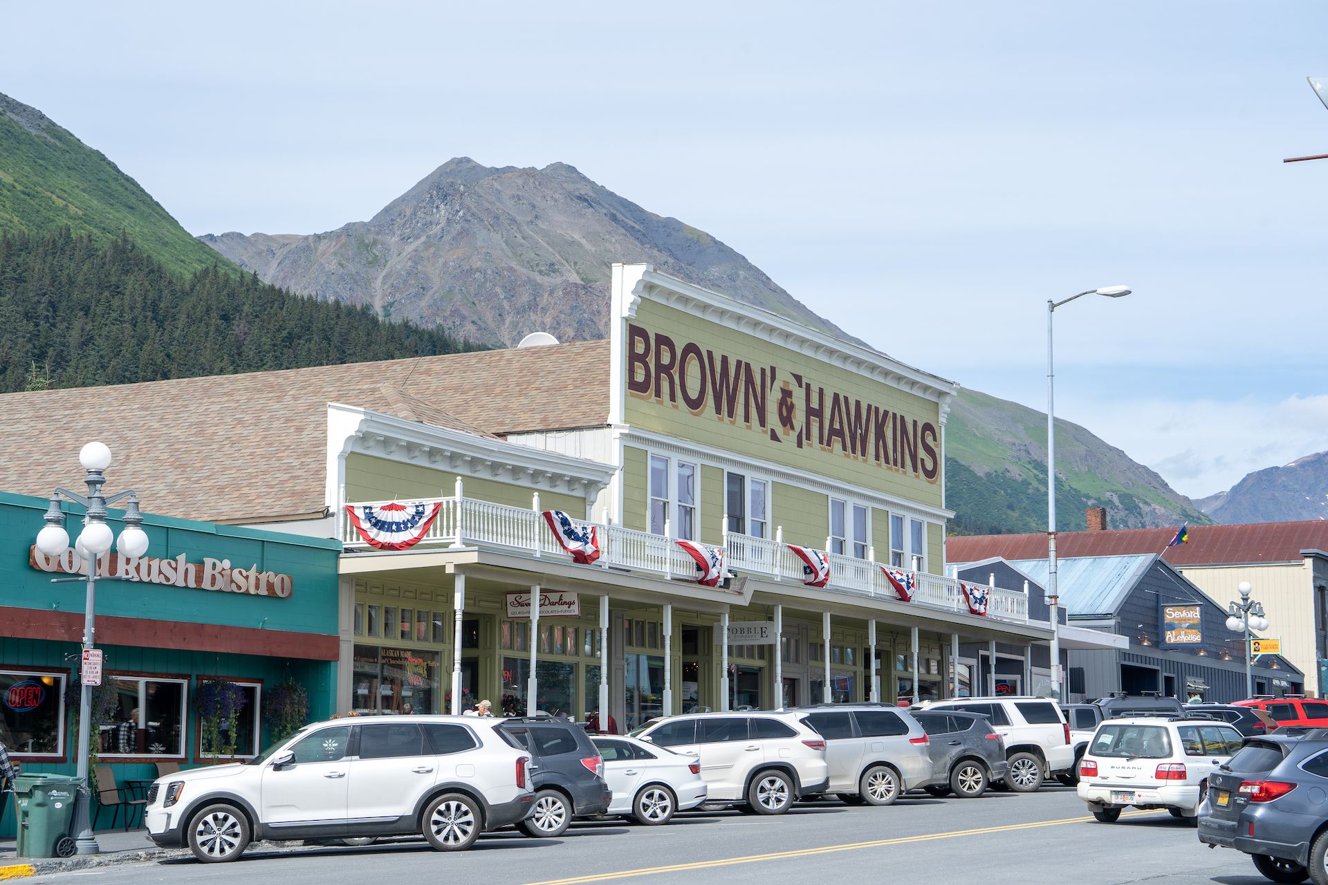 The main block in downtown Seward with the historic buildings