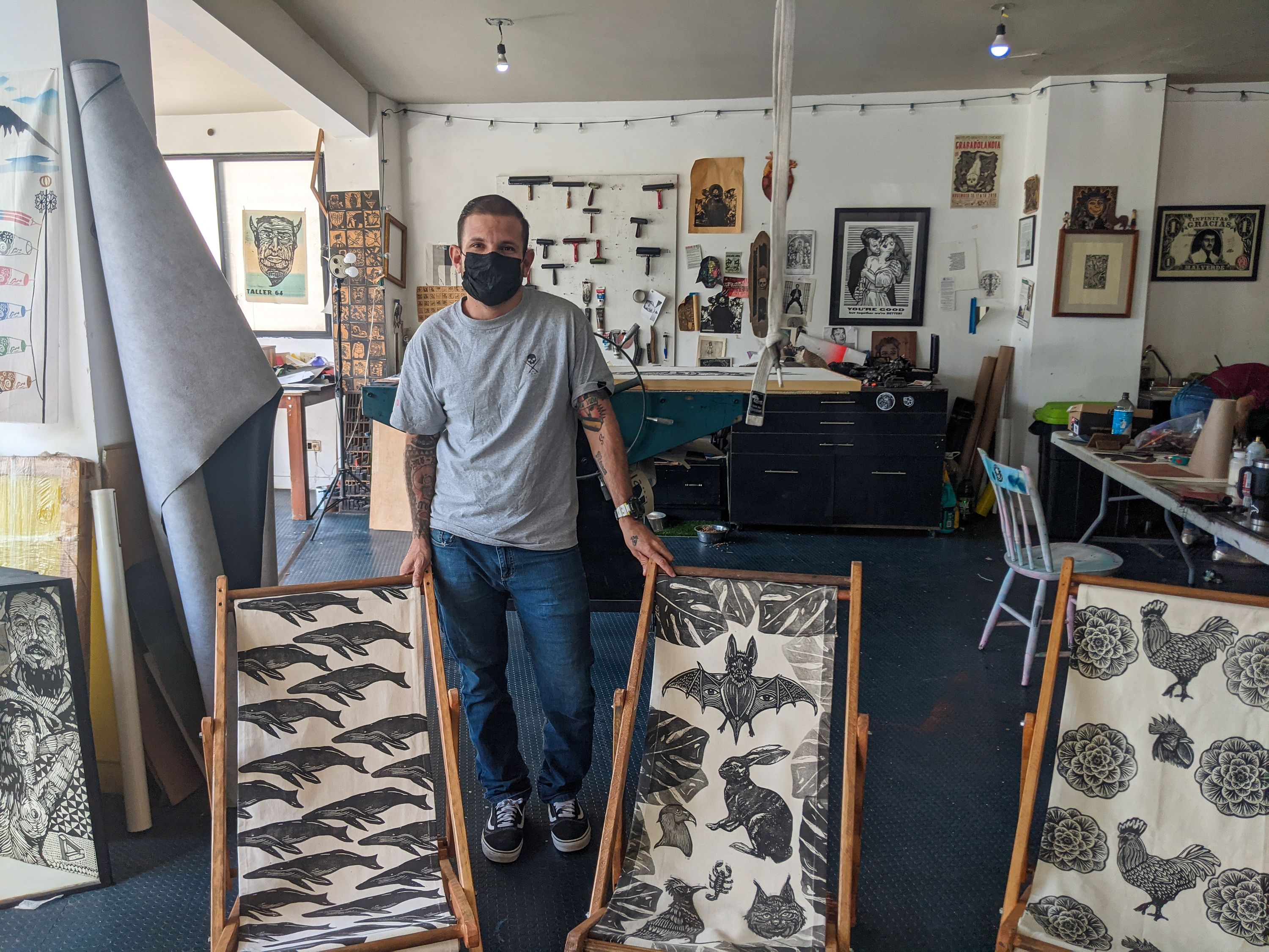 Daniel Amora in his studio. He designed and printed the fabrics for the lounge chairs, whose bodies were made locally by a woodworking family.