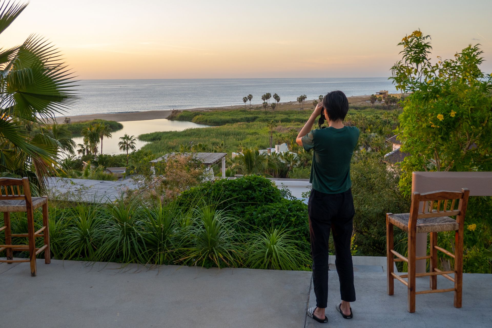 Observing whales on the terrace of our hotel. The whales were everywhere in the bay and could be easily spotted with our binoculars.