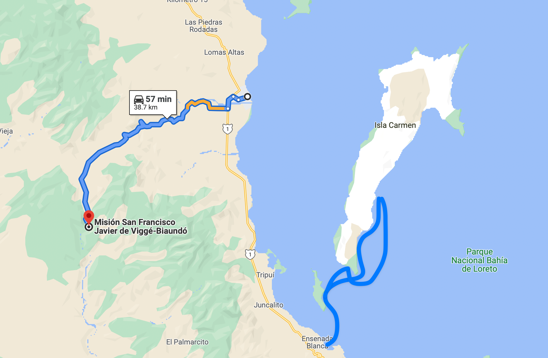 Our very short driving route for this seventh week in Baja, with the approximate kayaking route to Isla Danzante and Isla Carmen located just east of Loreto.