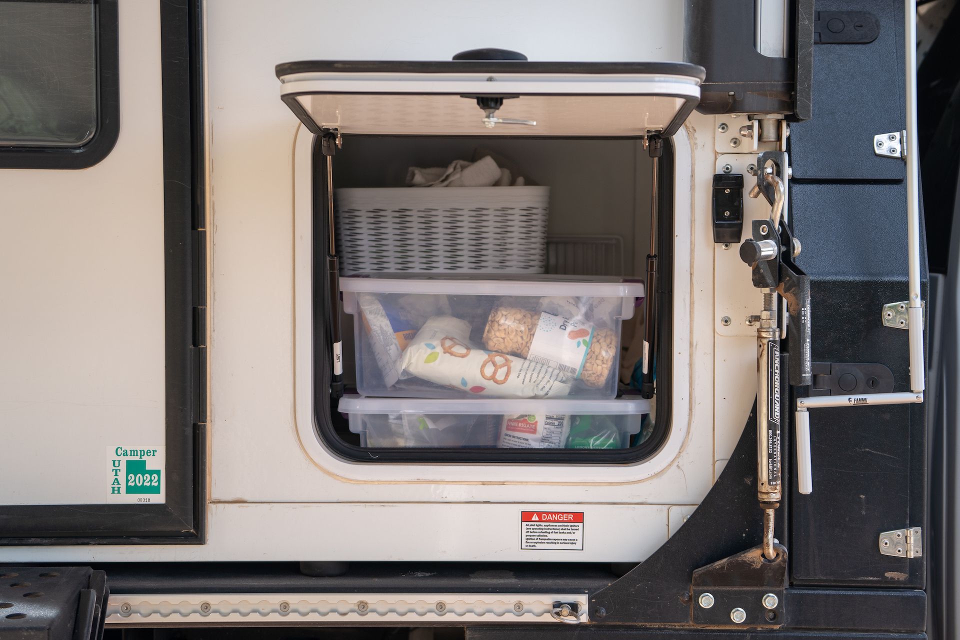 We wish the door of this exterior storage box could also have been used as an outside table