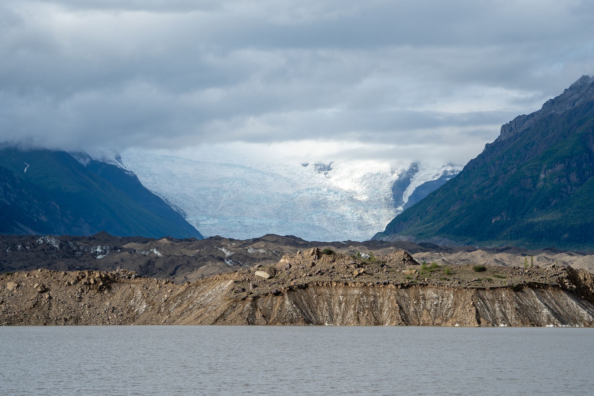 Picture taken from where we camped. At the toe of the glacier, you can clearly see the different stages of the glacier from pure blue ice to moraine to water.