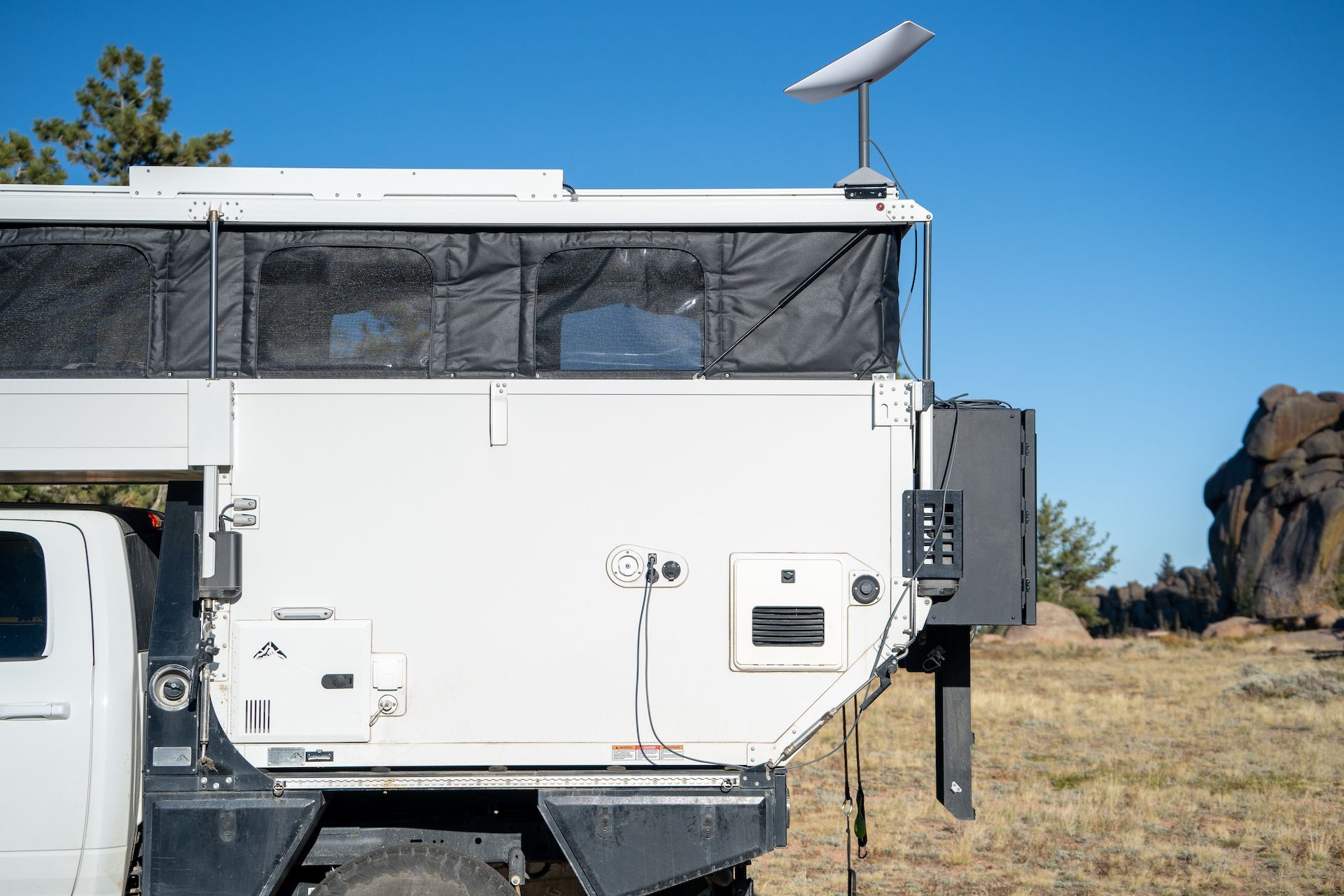 The dish mounted to the roof of the camper and wired to the router via the external connector.