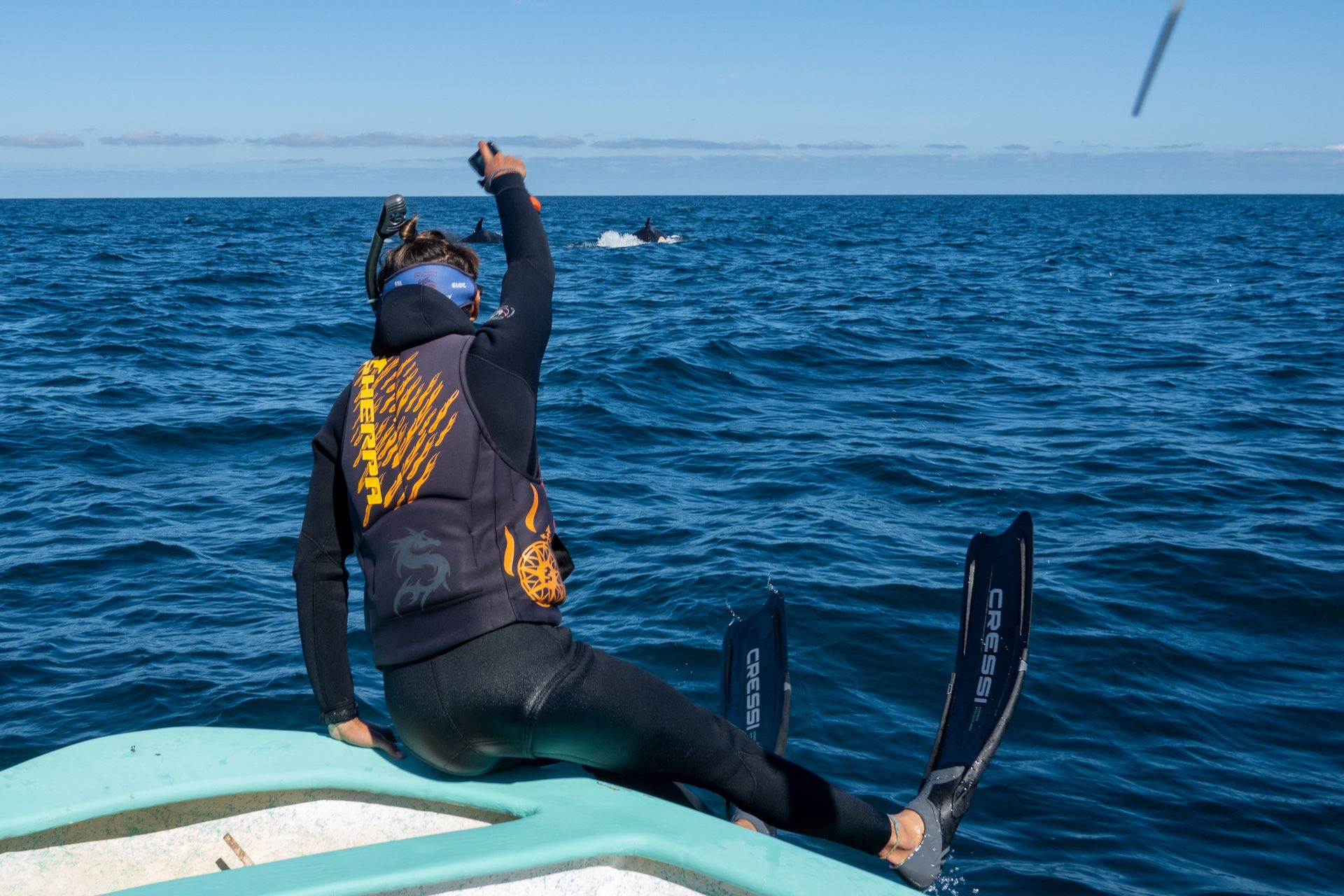 Jamil plunged into the water with a go-pro to get as close as possible to the killer whales. They then swam right under him.