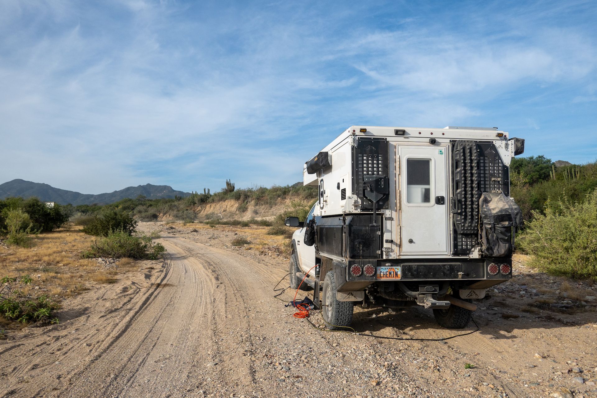 Airing up our tires after a few days driving on sandy roads in Cabo Pulmo