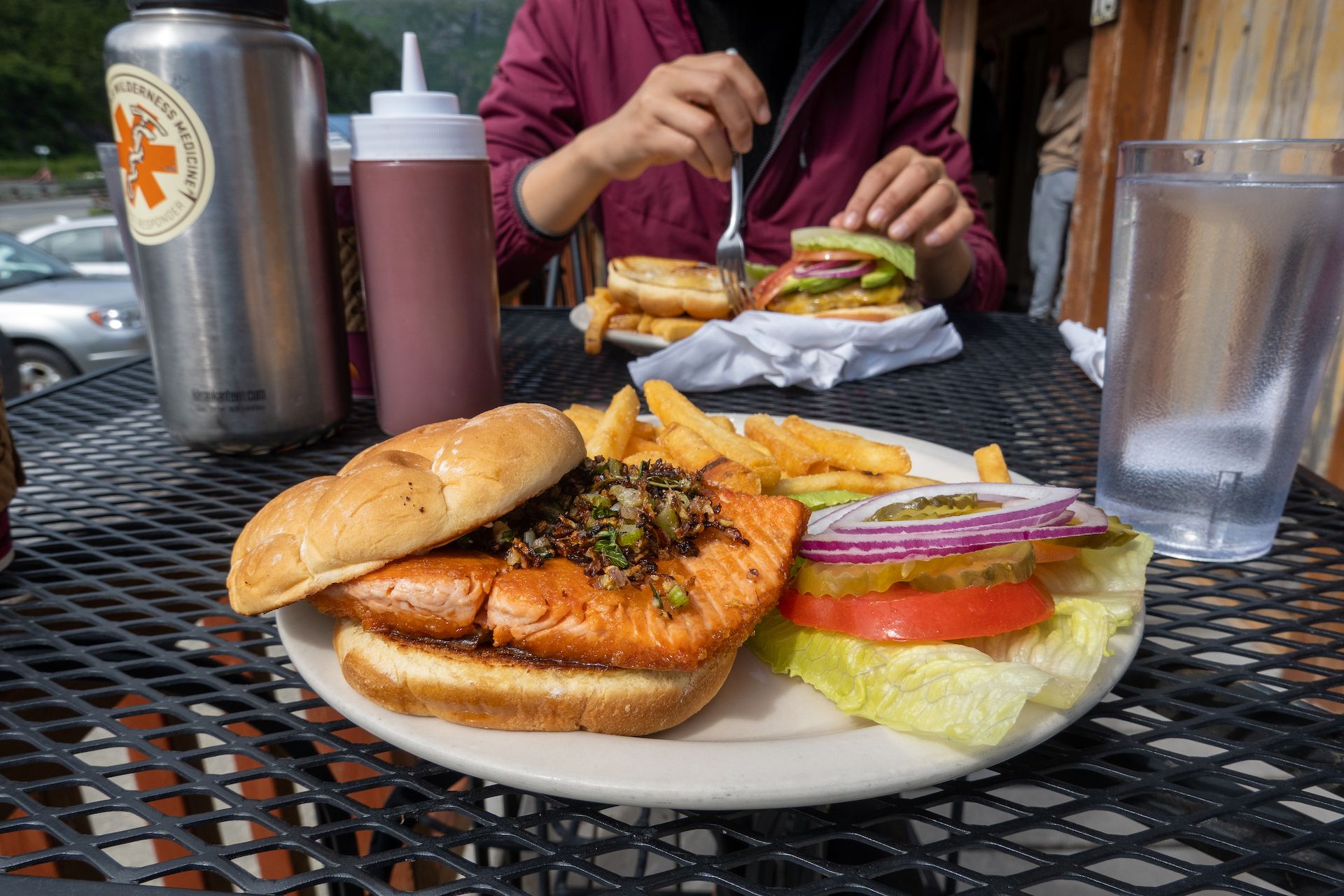 Fresh salmon fillet burger for lunch