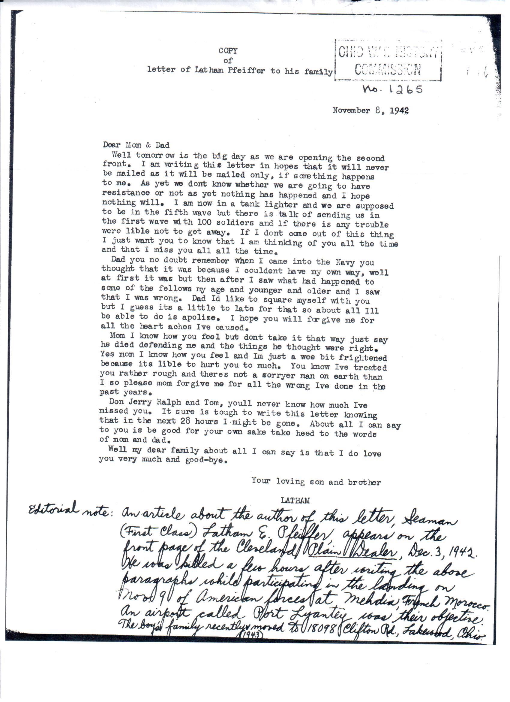 letter from latham pfeiffer 11-8-1942