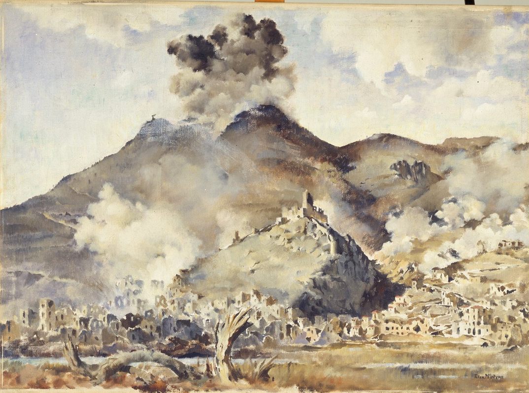 The bombing of Cassino Monastery and town, May 1944, by Peter McIntyre, an official Second World War artist. (Wikimedia Commons/Archives New Zealand)