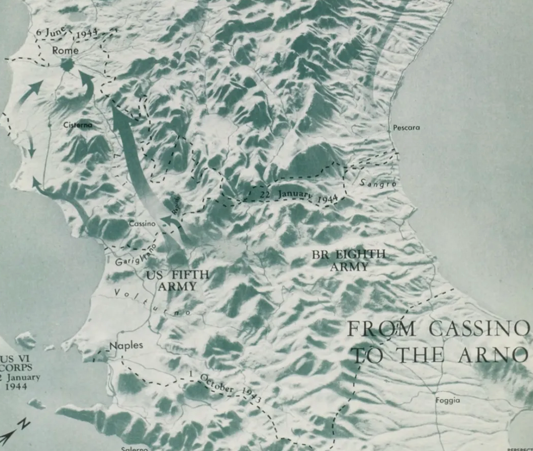 The Italian peninsula in early 1944. Image sourced from the Atlas of the World Battle Fronts (1945).