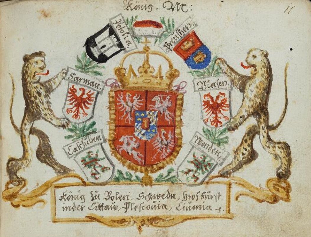Coat of arms of the Polish–Lithuanian Commonwealth with Polish Eagle, Lithuanian Vytis (Waykimas) and Coat of arms of the House of Vasa by Joachim Windhag, 16th century. Wikimedia Commons.