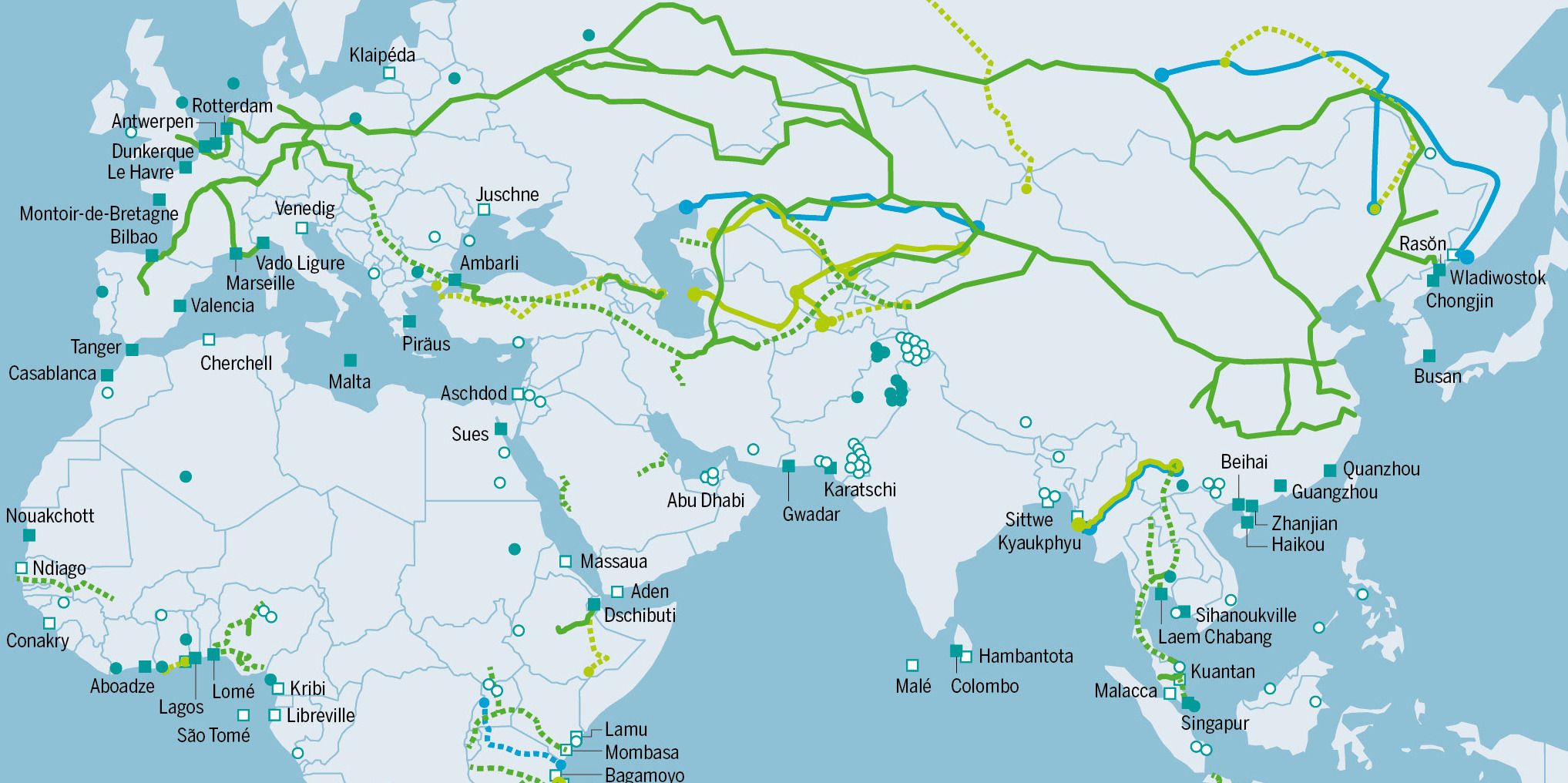 A map of some of the most important projects of China’s Belt and Road Initiative in Asia, Africa, and Europe as of 2018. Green: Railway Line (solid: existing; dotted: planned or under construction); Blue: oil pipeline; Yellow: gas pipeline; Square: port (solid: existing; open: planned or under construction); Circle: electrical power plant. Wikimedia Commons.