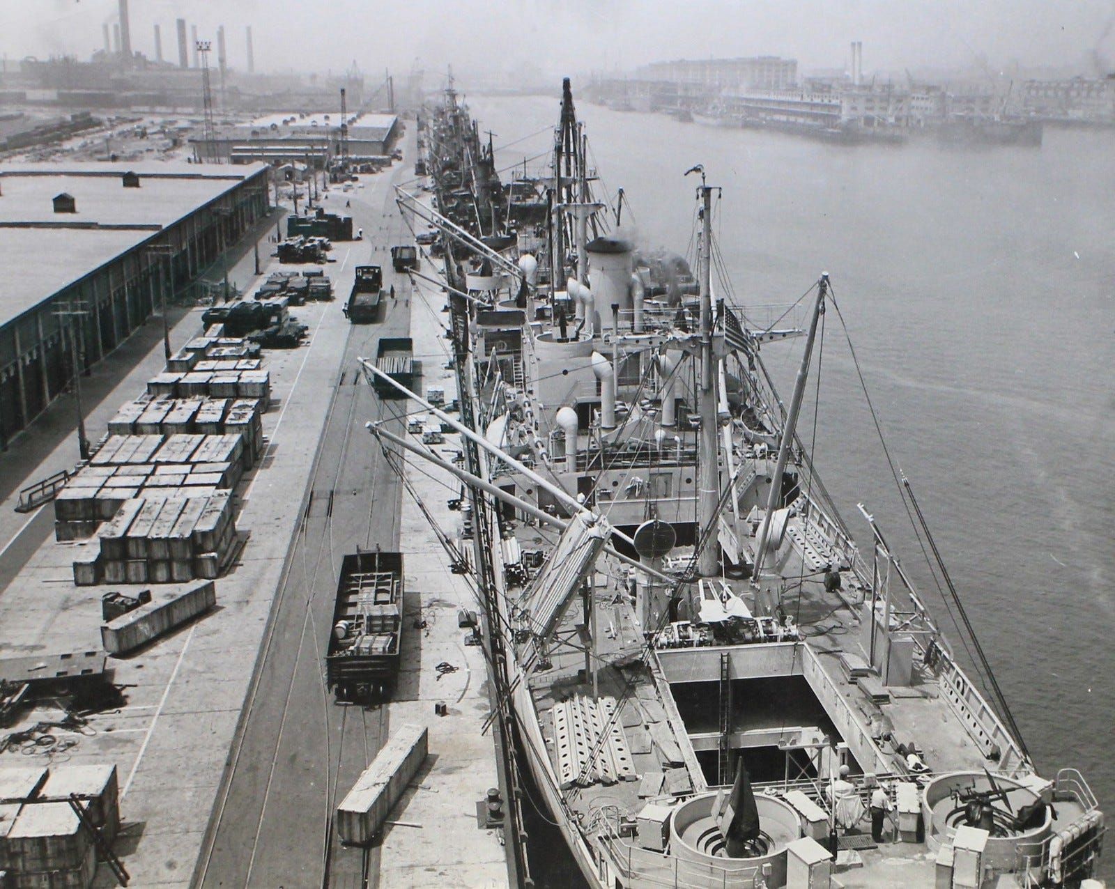 American Liberty Ships line the wharves in Boston Harbor during World War II. Image courtesy of The U.S. National Archives. 