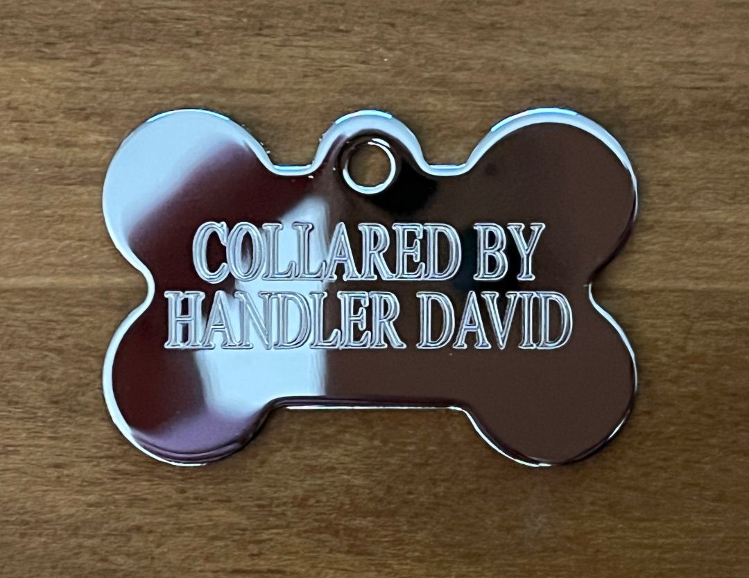 The back side of alternate tag I created for one of my pups. The front side shows the pup’s name and the rear provides information about who he is collared by (me).