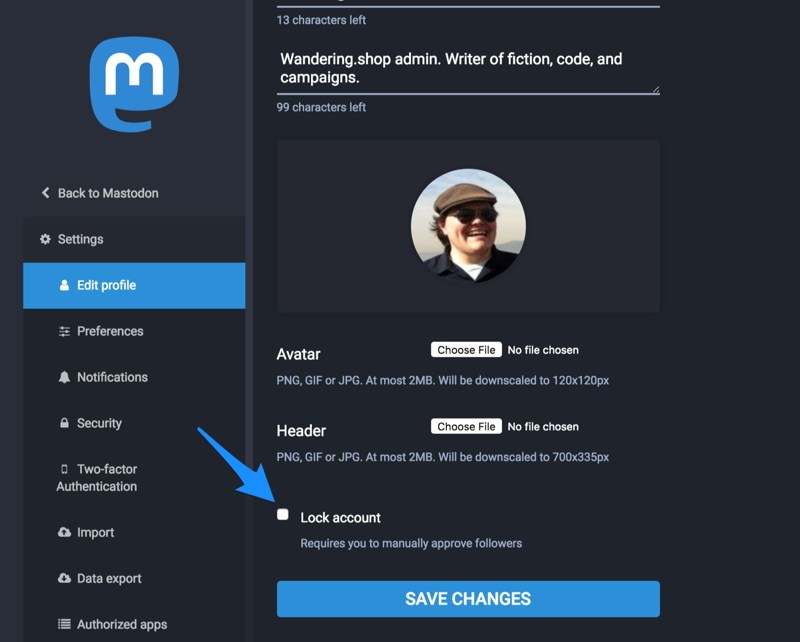 How to lock your account in the Mastodon preferences