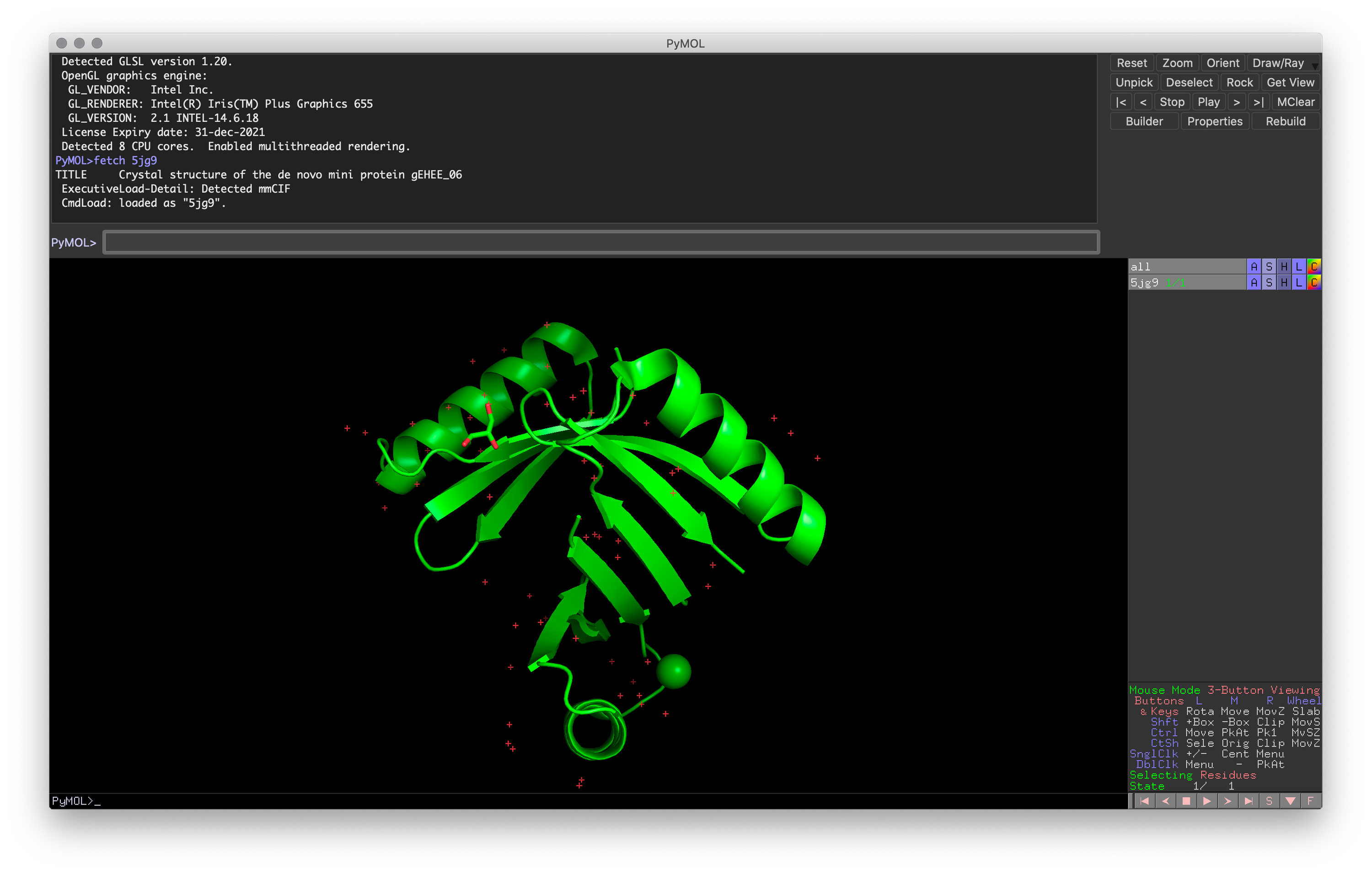 Exercise 1: PyMOL window after loading in the mini-protein (PDB: 5JG9)