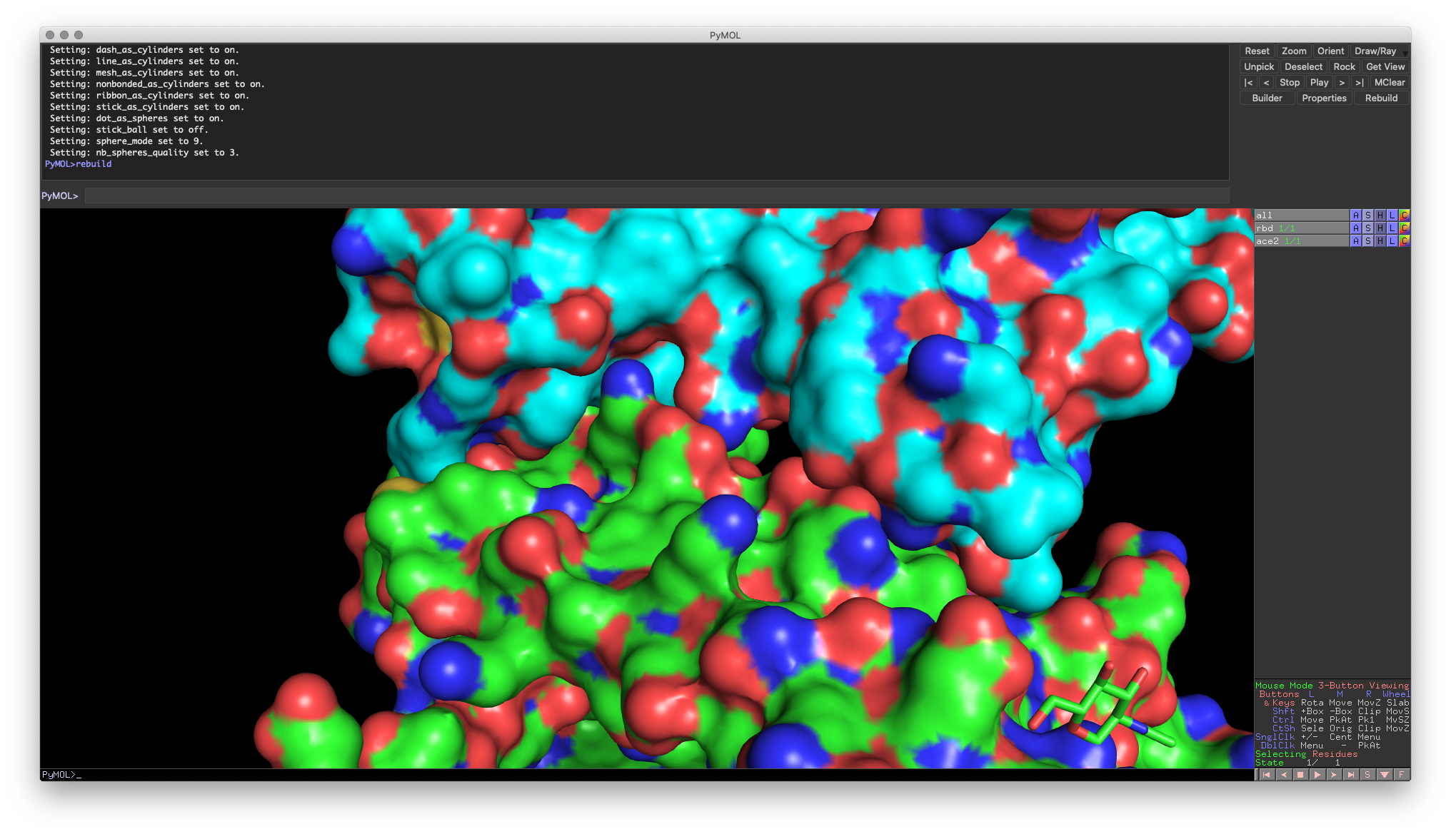 Hands-on Exercise 4: PyMOL window illustrating proper binding surface representation.