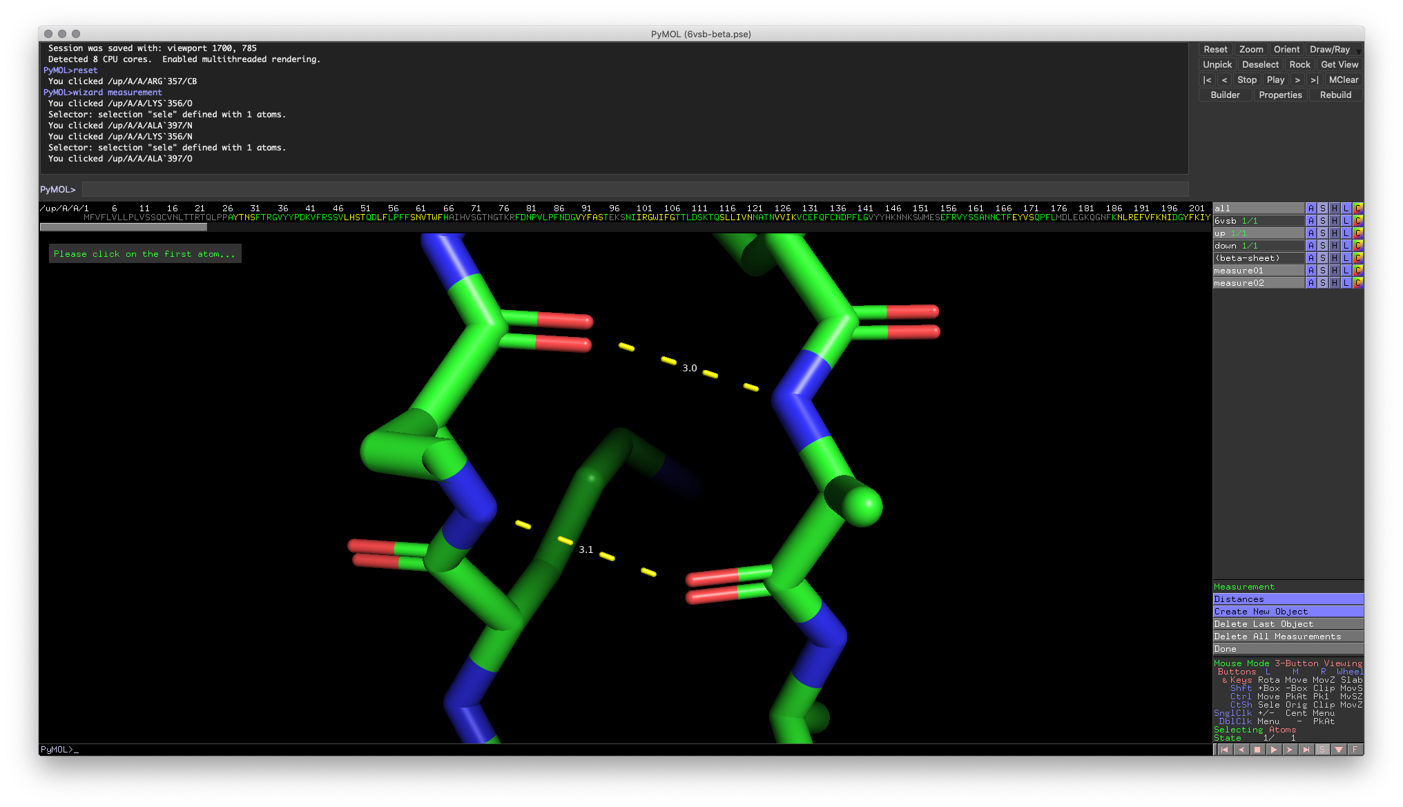 Hands-on Exercise 2: PyMOL window illustrating some potential distances between hydrogen bonding pairs.