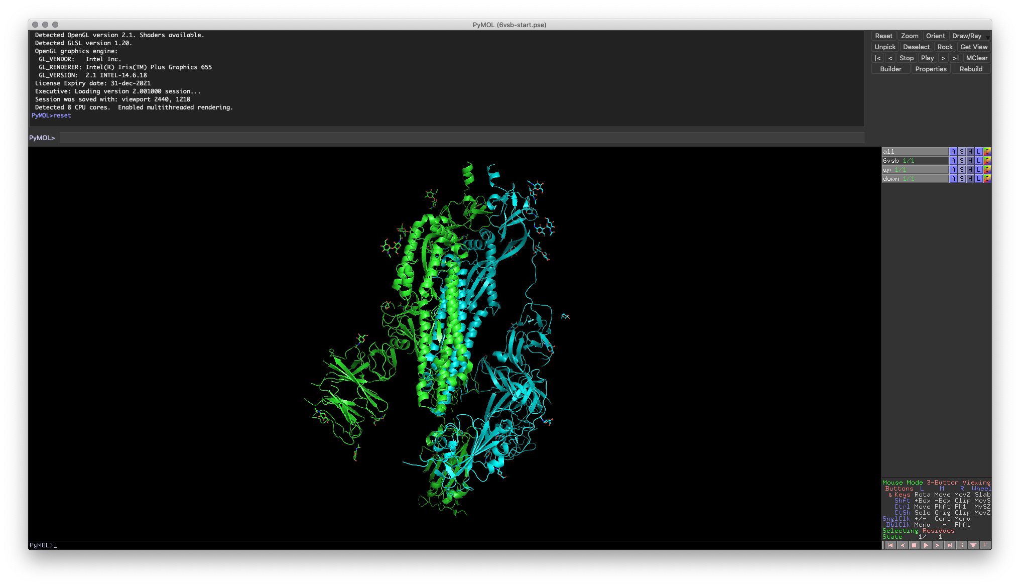 Fig. 1: Example of correct PyMOL setup for the next few exercises