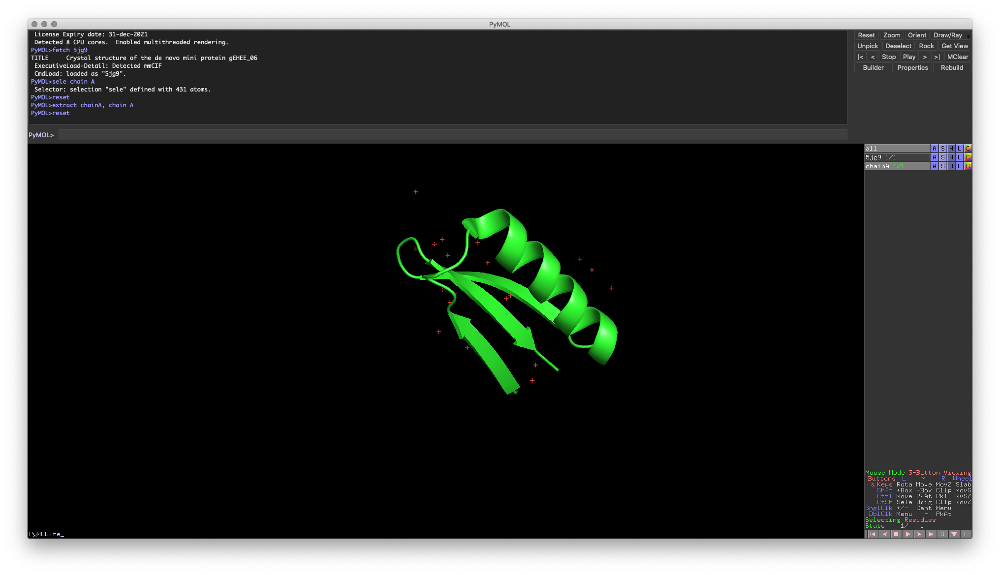 Hands-on Exercise 6: PyMOL windows showing a new chain A