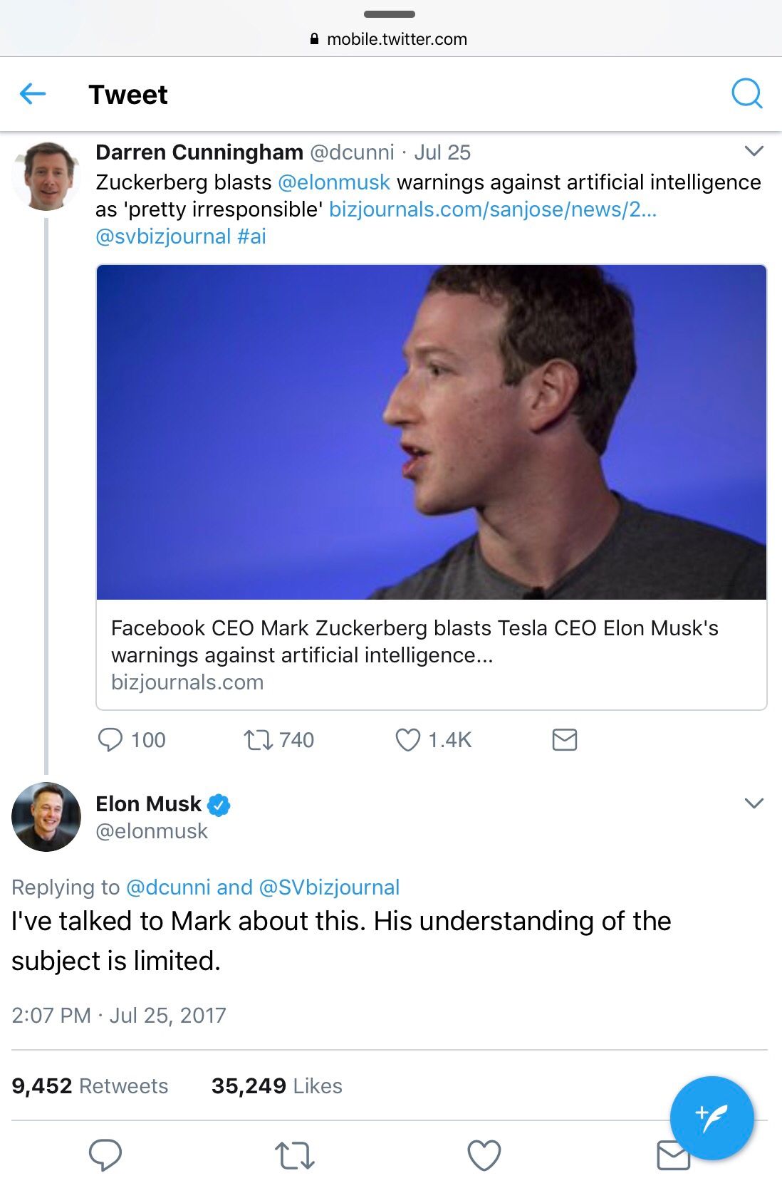 นาย Elon Musk โพสท์ข้อความตอบคำกล่าวหาของ Mark Zuckerberg ผ่าน Twitter