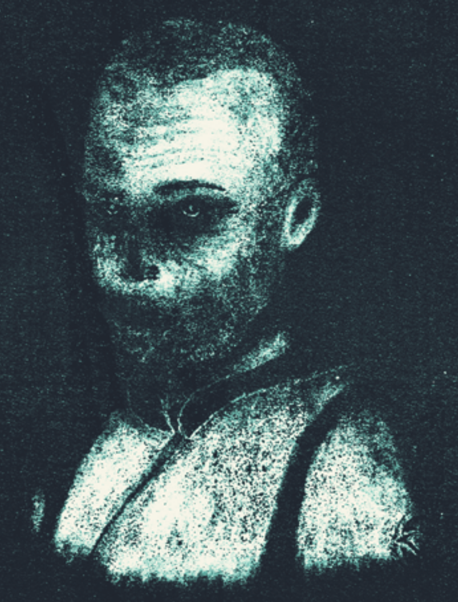 Grainy drawing of a gruff-looking middle-aged man with a five o’clock shadow and nearly clean-shaven head