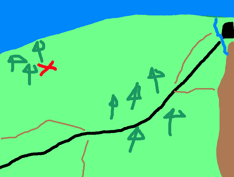 A crudely drawn map. There are mountains to the east, the ocean to the north, and grasslands to the south and west. A castle sits between the mountains and the sea in the northeast. A road runs southwest across the map from the castle. There are woods in the center of the map and in the northwest, along the coast.