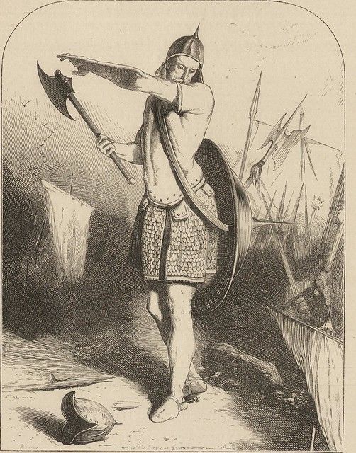 Black-and-white drawing of a shirtless warrior. He's got an axe in his right hand and a shield around his back.