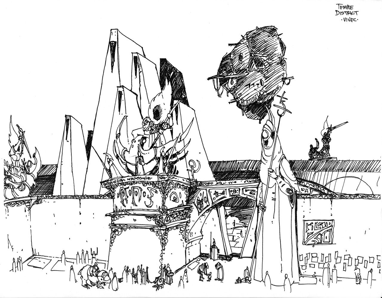 Concept art of the temple district of Vivec in The Elder Scrolls III: Morrowind
