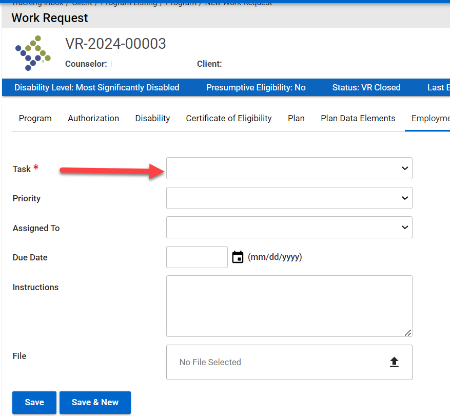 Work Request > Task Field