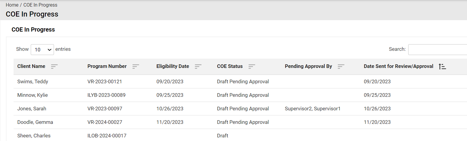 COE In Progress Queue Listing