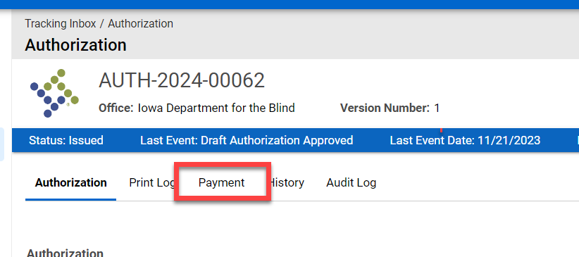 Screenshot: Authorization screen > Payment Tab