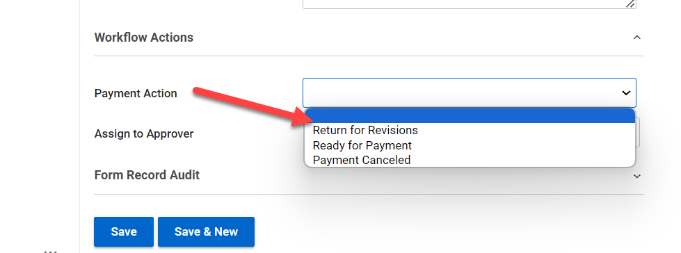 Workflow Actions selecting Ready for Payment 