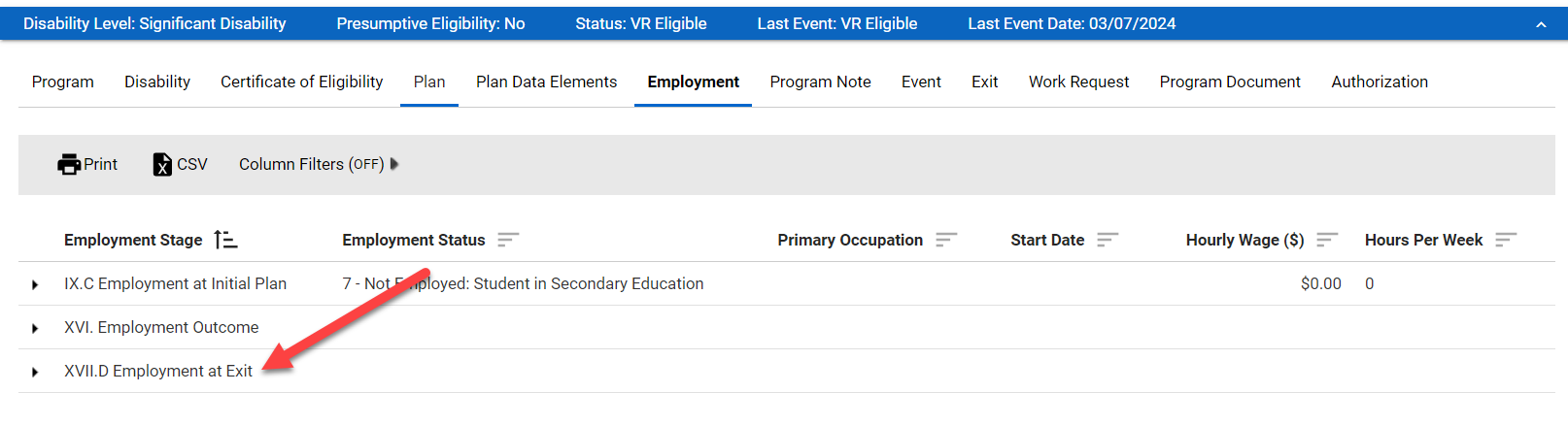 Employment Listing > Employment at Exit