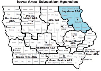 Image of a map of Iowa displaying the boundaries of the AEAs. This image has the Keystone area highlighted.