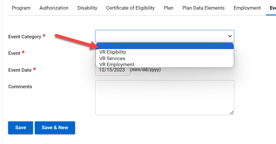 Event Category Drop-Down