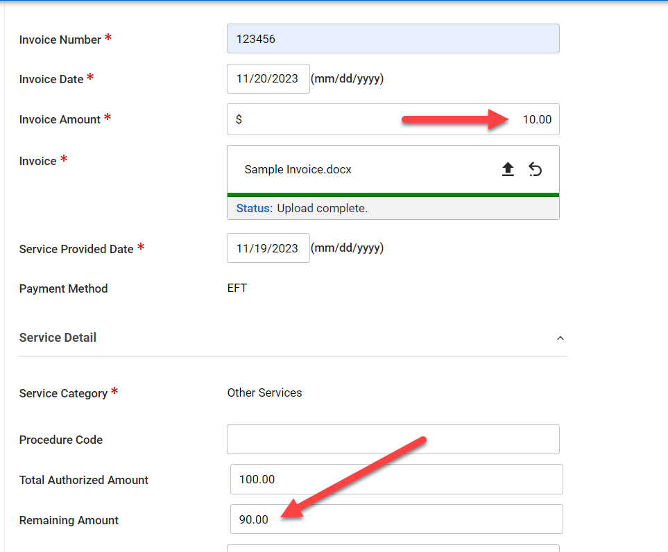 The Invoice Amount will update the Remaining Amount field automatically. If there is a balance remaining it will display