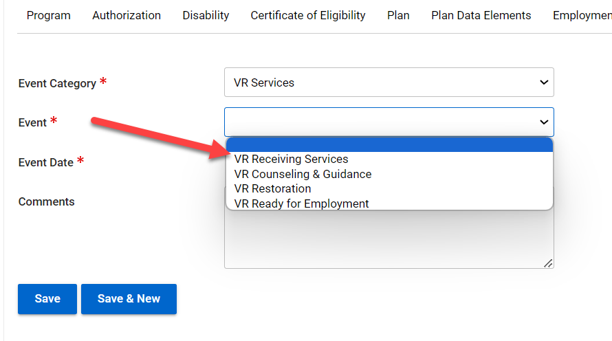 Event Drop-Down based on Event Category being VR Services