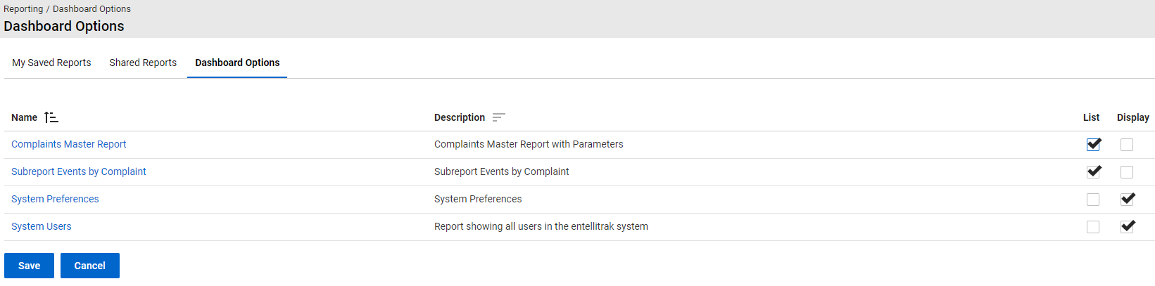 Reporting > Dashboard Options