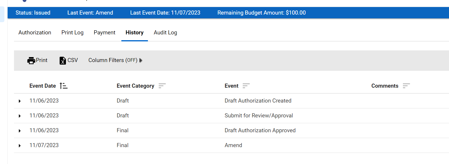 History Tab reflecting Amendment